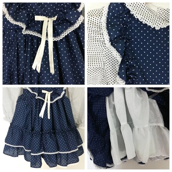 Vintage Miss Quality Girl Ruffled Dress Size 6 Polka Dot Lace Circle 80s Bow - Picture 2 of 15